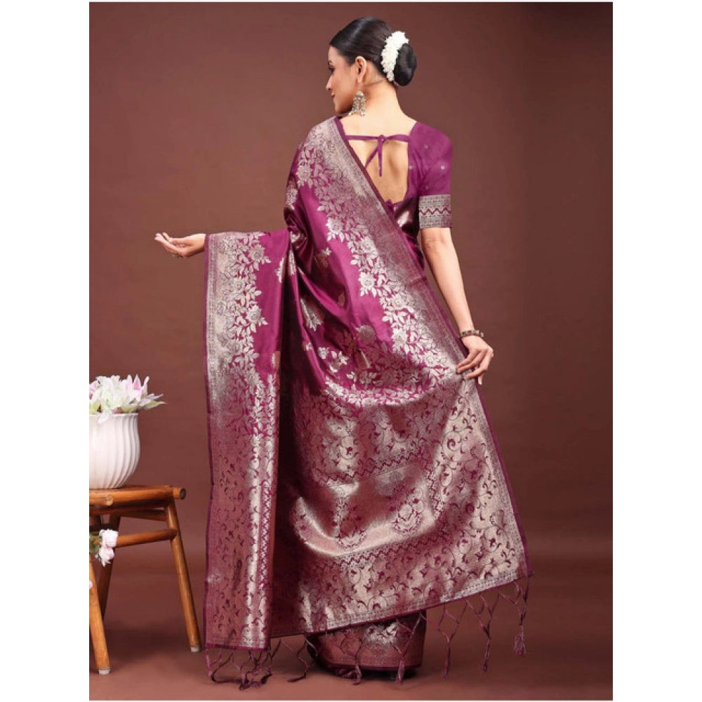 Women's Banarasi Silk Printed Saree With Unstitched Blouse 5.5Mtr (Purple)