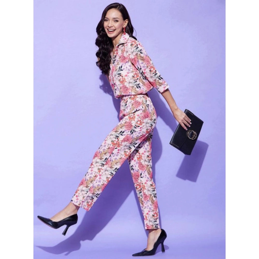 Women's Polyester Floral 3-4th Sleeve Co-Ord Set (Multicolor)