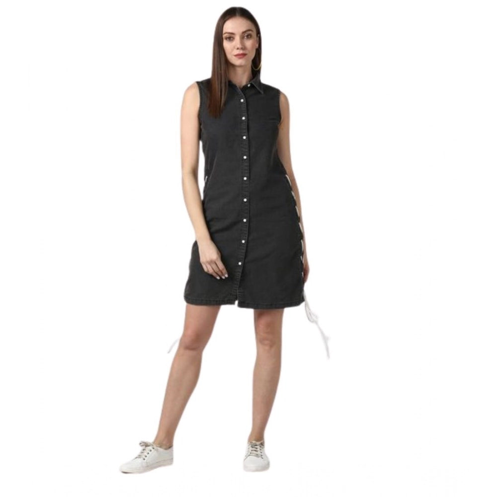Women's Denim Solid Sleeveless Dress (Black)