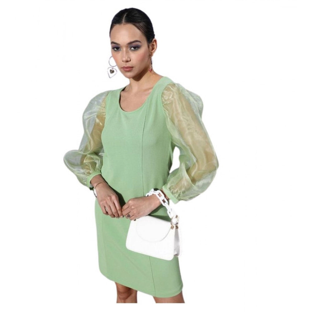 Women's Organza And Polyester Lycra Solid Long Sleeves Dress (Green)