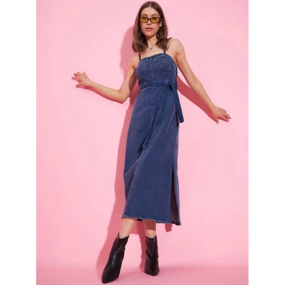 Women's Denim Solid Shoulder Straps Dress (Blue)