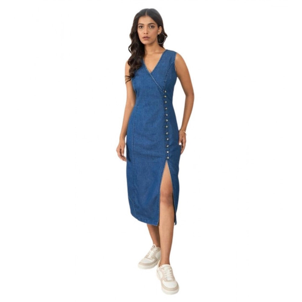 Women's Denim Solid Sleeveless Dress (Blue)