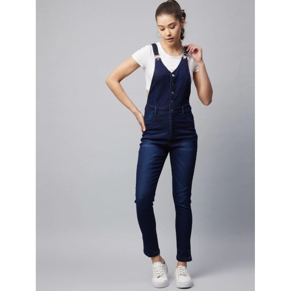 Women's Denim Lycra Solid Buttoned Dungaree (Navy)