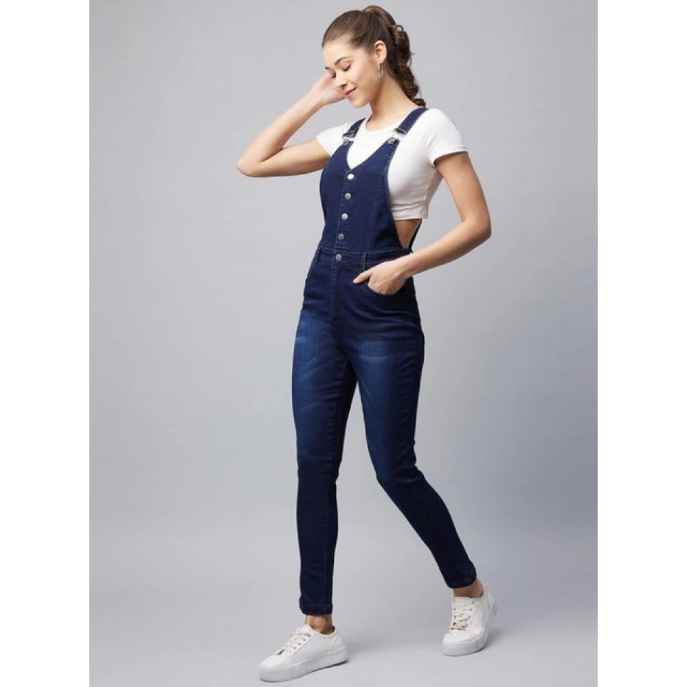 Women's Denim Lycra Solid Buttoned Dungaree (Navy)