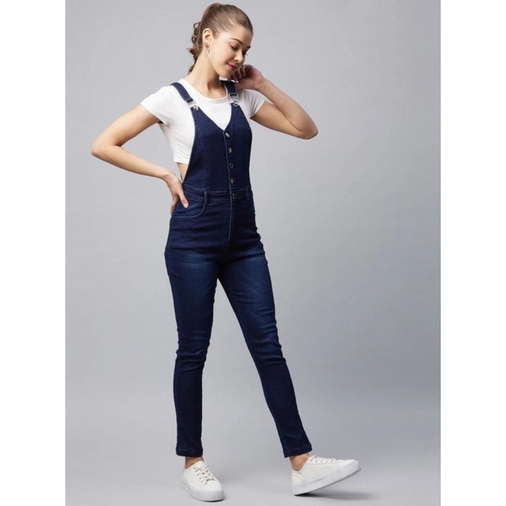 Women's Denim Lycra Solid Buttoned Dungaree (Navy)