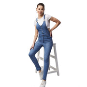 Women's Denim Lycra Solid Buttoned Dungaree (Ice Blue)