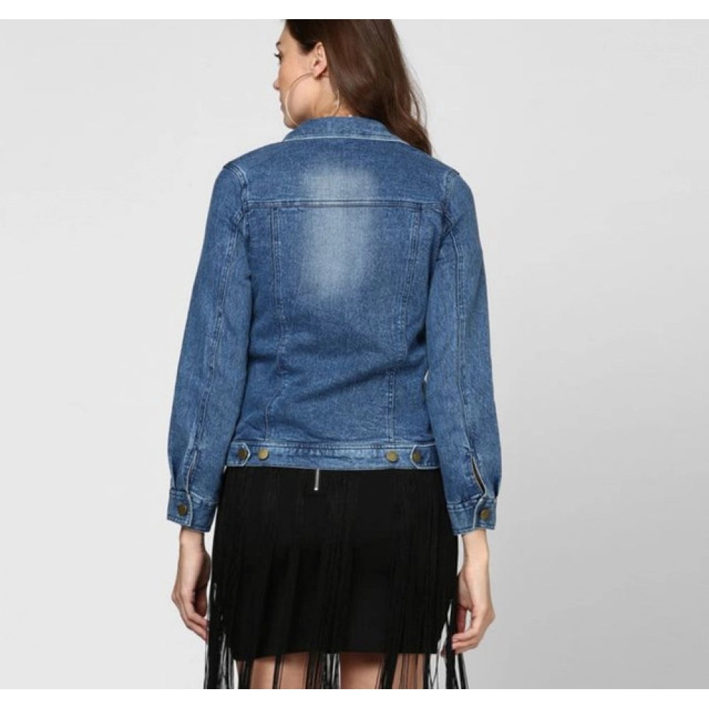Women's Denim Washed Long Sleeves Jacket (Blue)