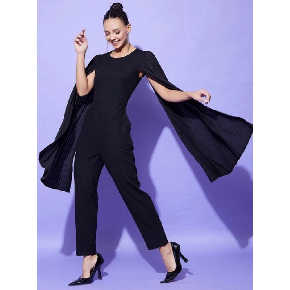 Women's Polyeter Solid Cape Sleeve Jumpsuit (Black)