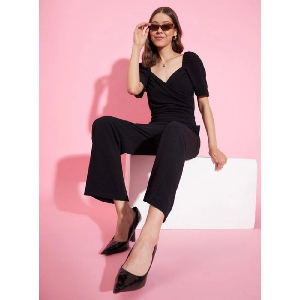 Women's Polyester Lycra Solid Puff Sleeve Jumpsuit (Black)