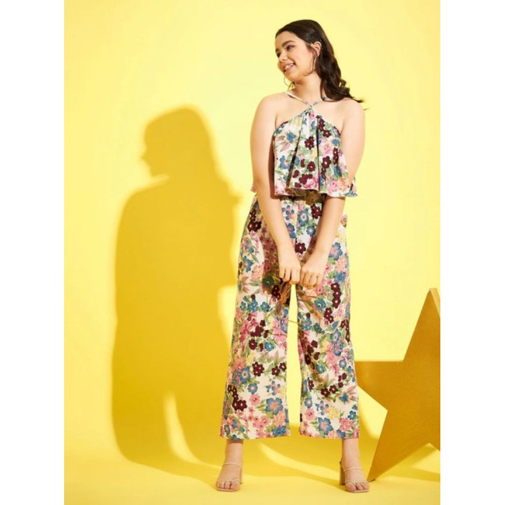 Girl's Polyester Crepe Floral Sleeveless Jumpsuit (Multicolor)