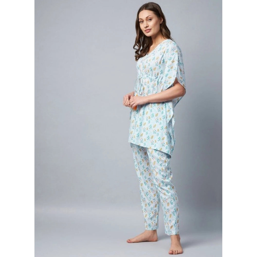 Women's Rayon Floral Kaftan Sleeve Kaftan Sets (Light Blue)