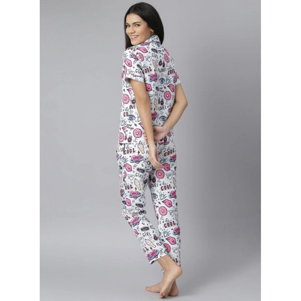 Women's Cotton Blend Printed Short Sleeve Night Suit (Multicolor)