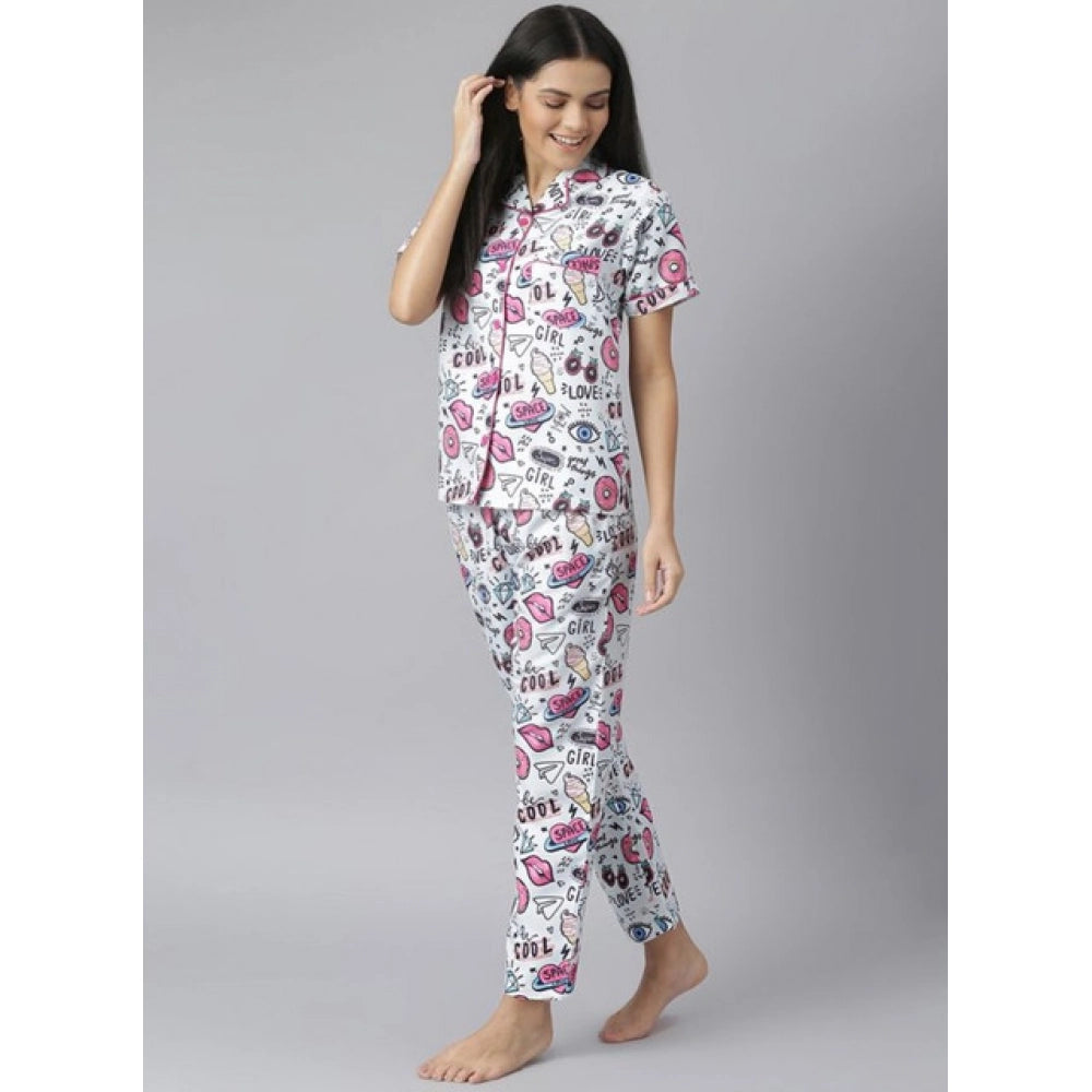 Women's Cotton Blend Printed Short Sleeve Night Suit (Multicolor)
