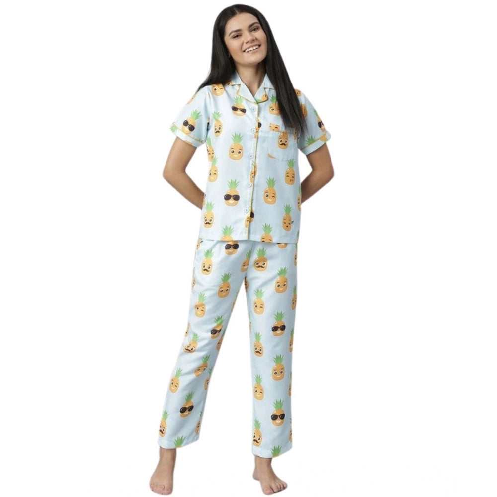 Women's Cotton Blend Printed Short Sleeve Night Suit (Blue-Yellow)
