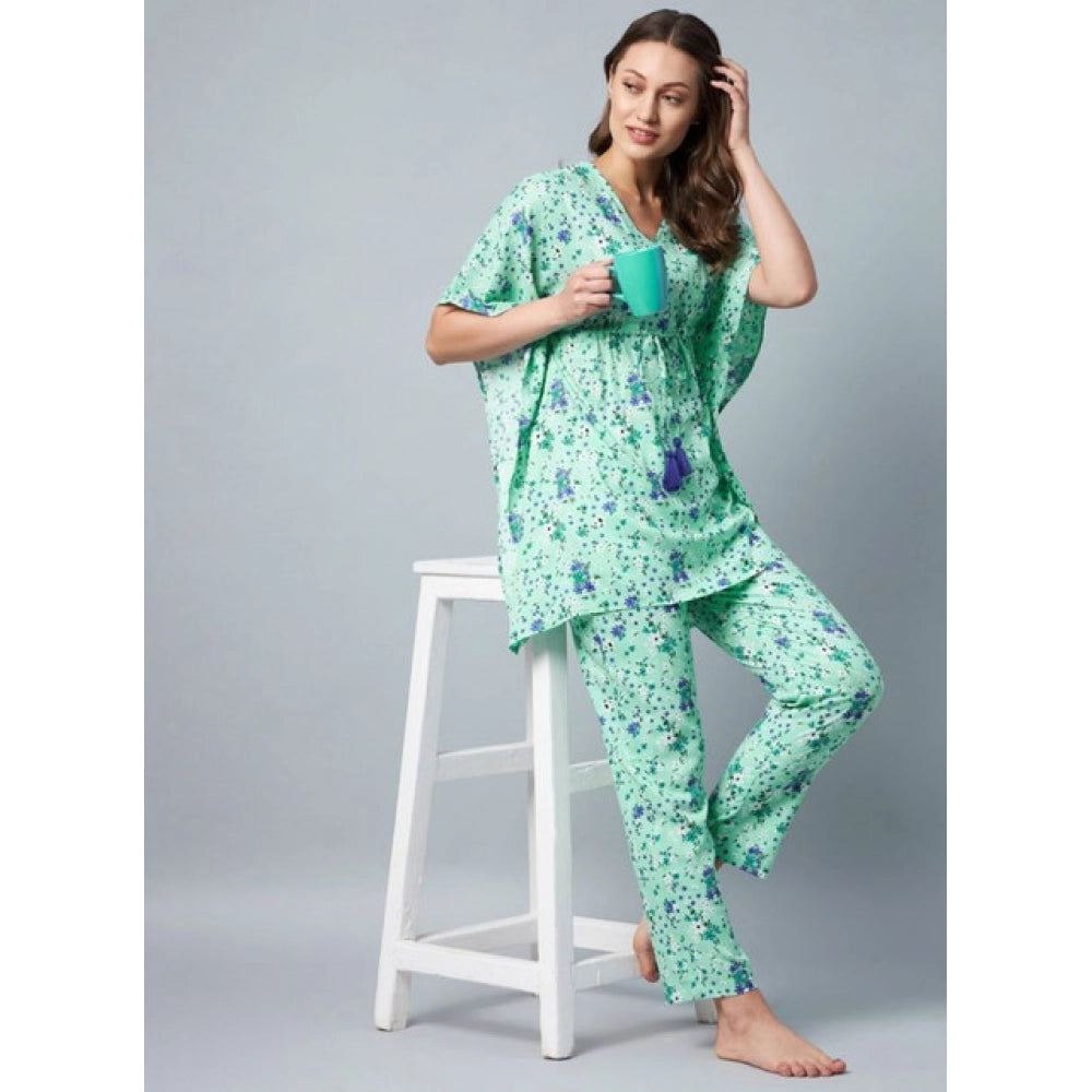 Women's Rayon Floral Kaftan Sleeve Night Suit (Green - Blue)