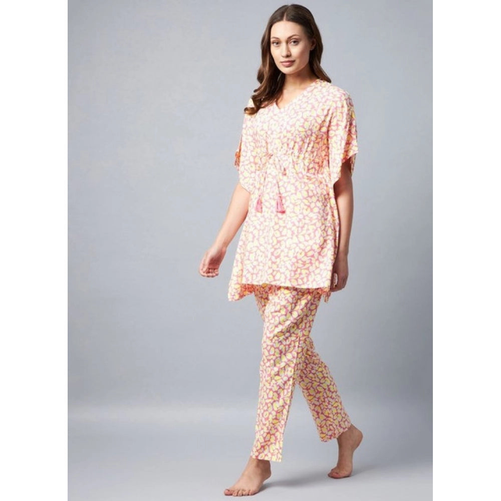 Women's Rayon Tie And Dye Kaftan Sleeve Night Suit (Multicolor)