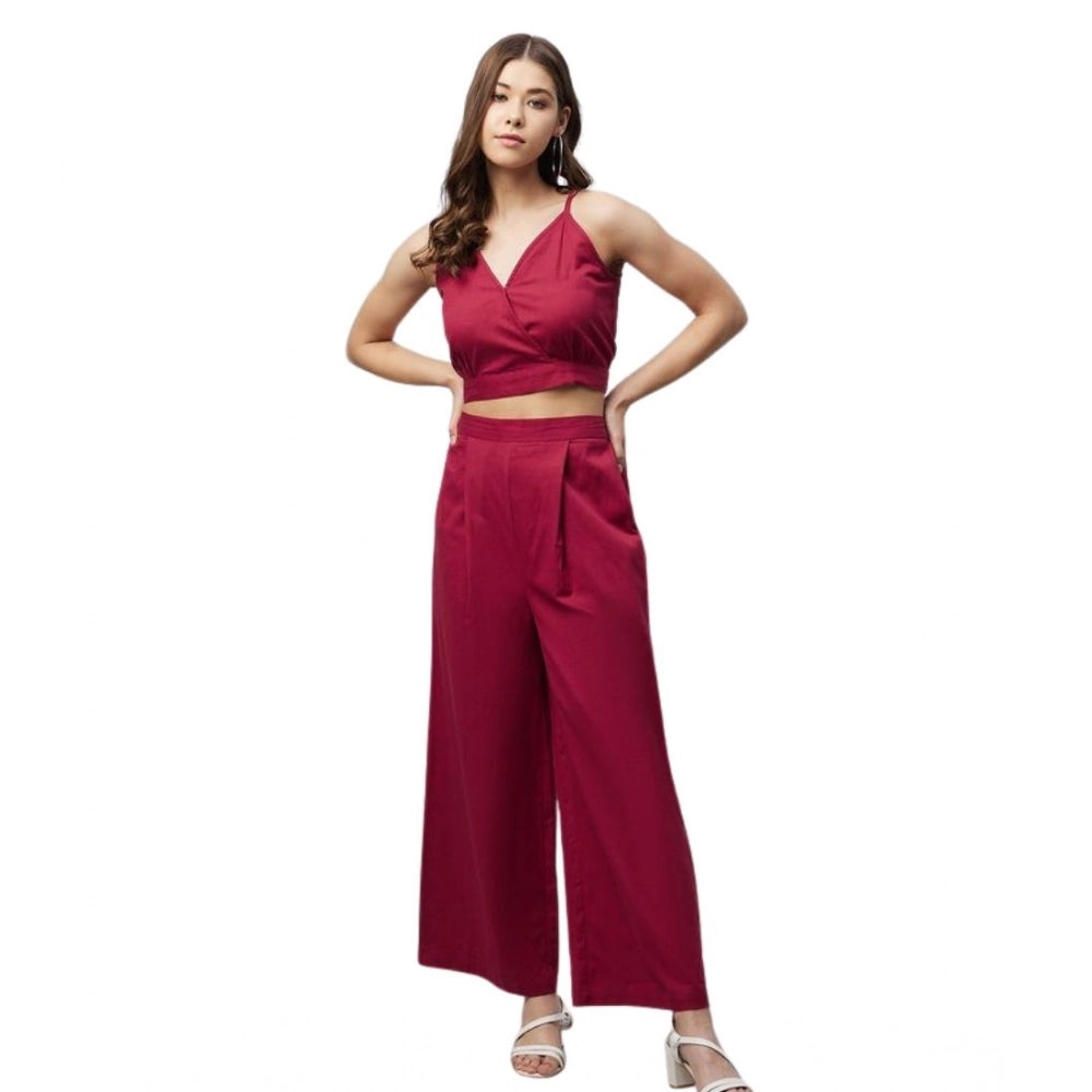 Women's Cotton Linen Solid Sleeveless Crop Top and Palazzo Set (Maroon)