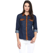 Women's Denim Cotton based Solid Long Sleeves Shirt (Blue)