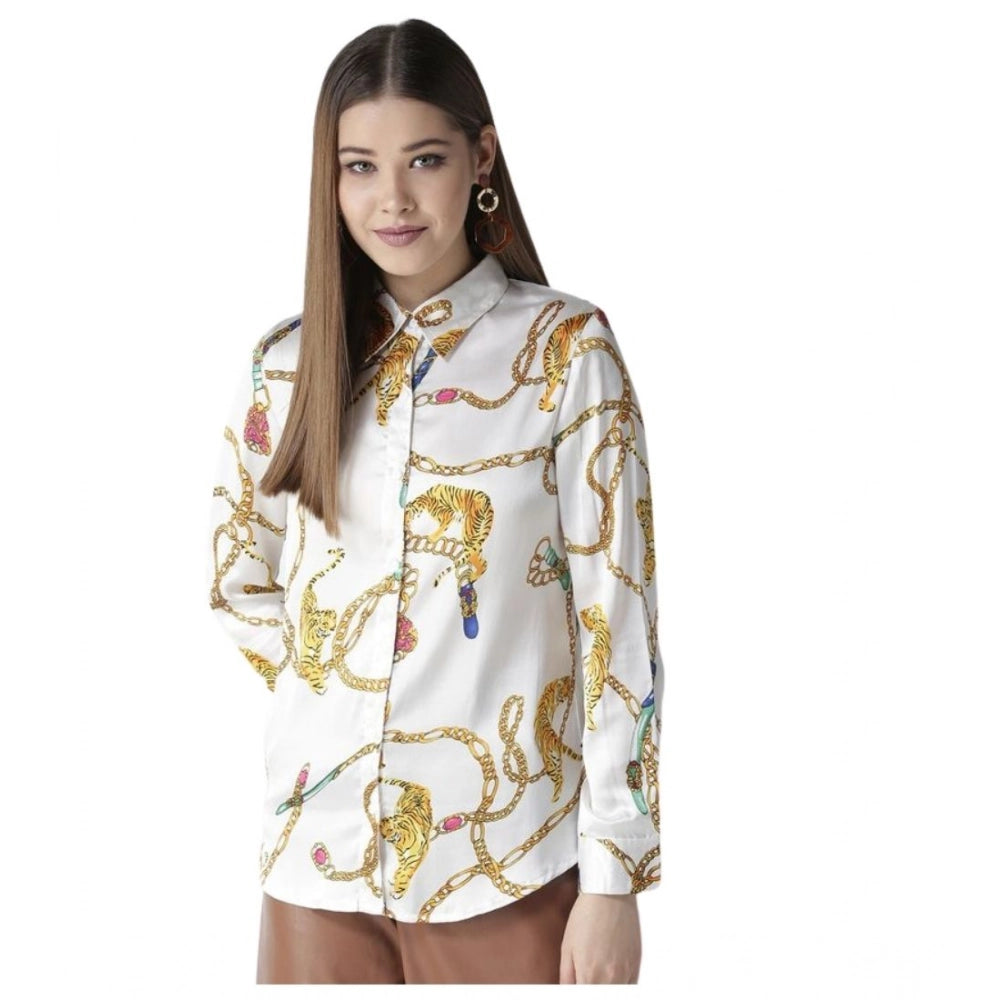Women's Satin Printed Long Sleeves Shirt (White-Gold)
