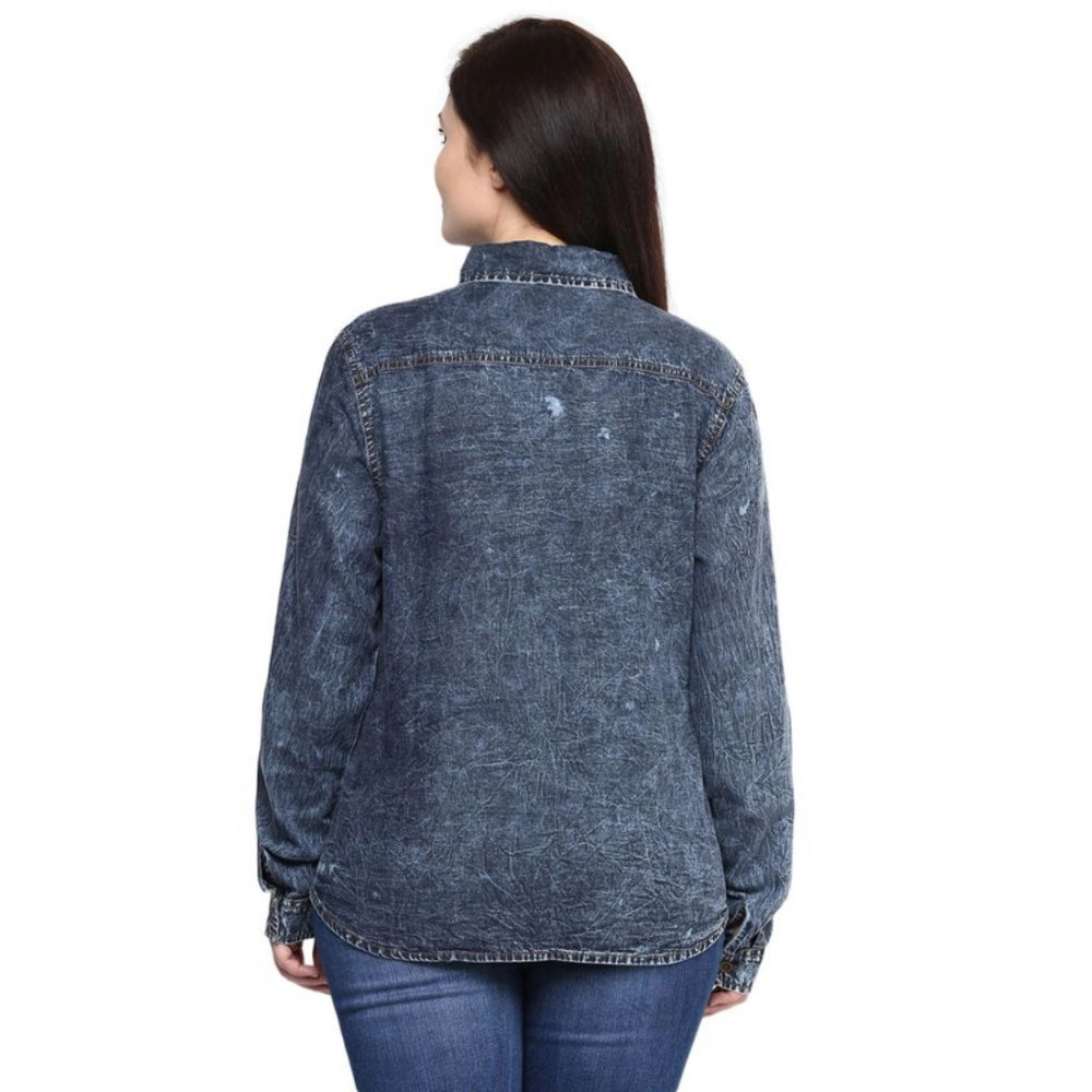 Women's Denim Solid Long Sleeves Shirt (Blue)