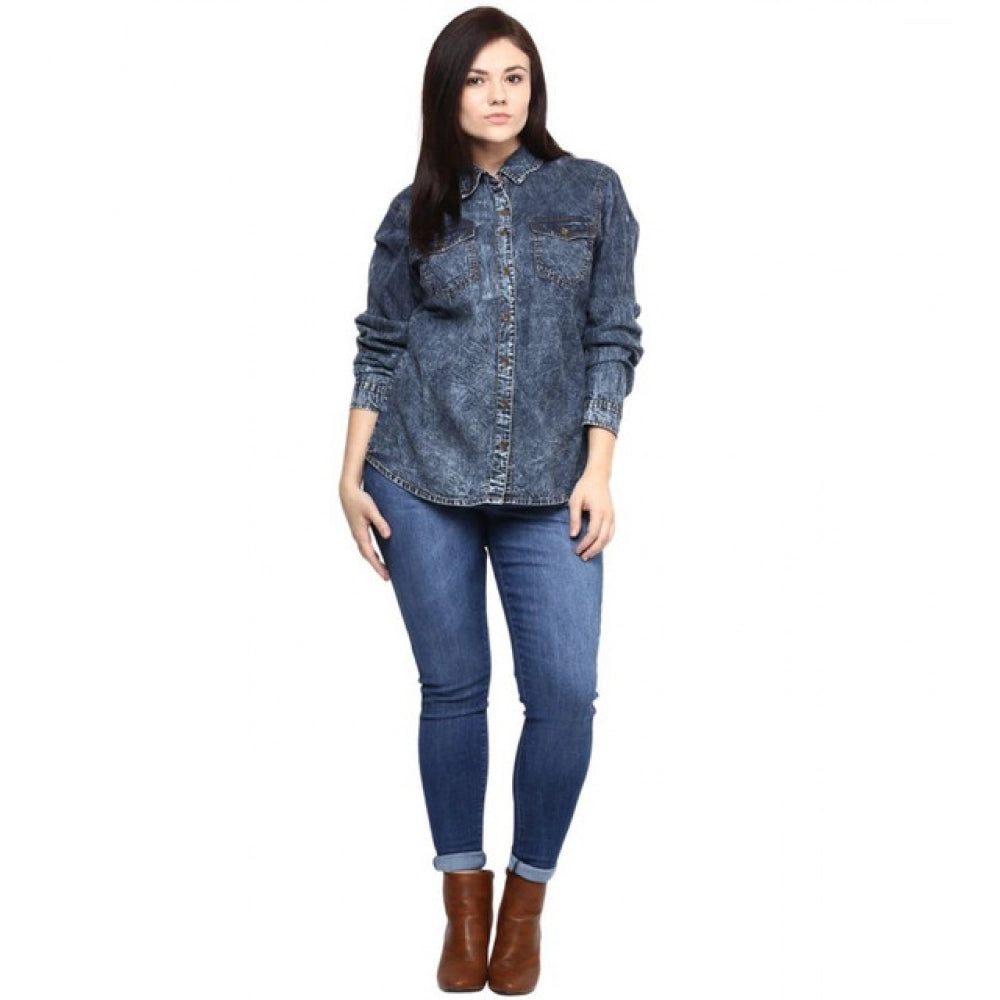 Women's Denim Solid Long Sleeves Shirt (Blue)