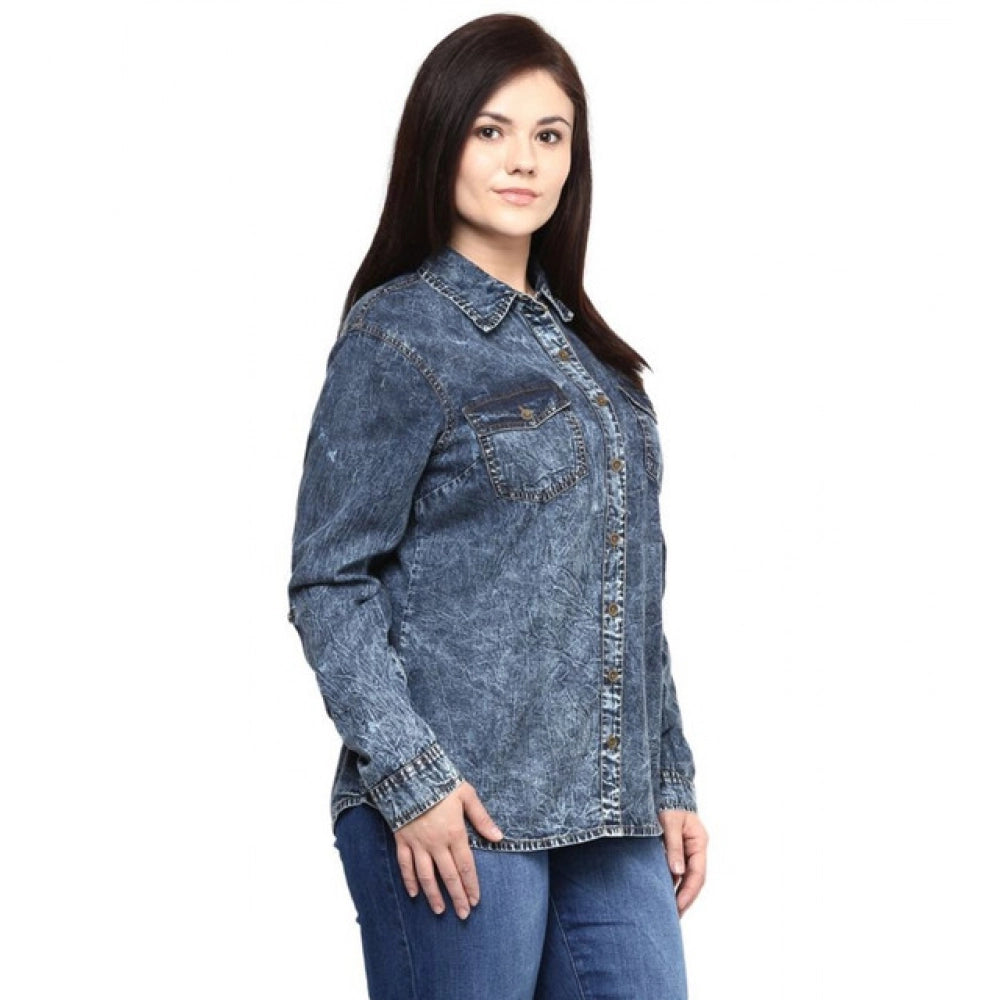 Women's Denim Solid Long Sleeves Shirt (Blue)