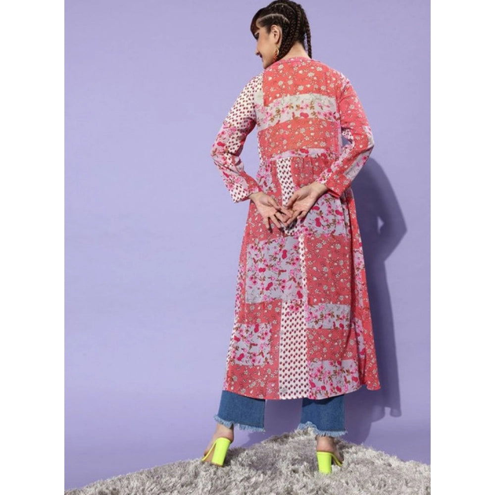 Women's Polyester Floral Long Sleeves Shrug (Pink-Coral)