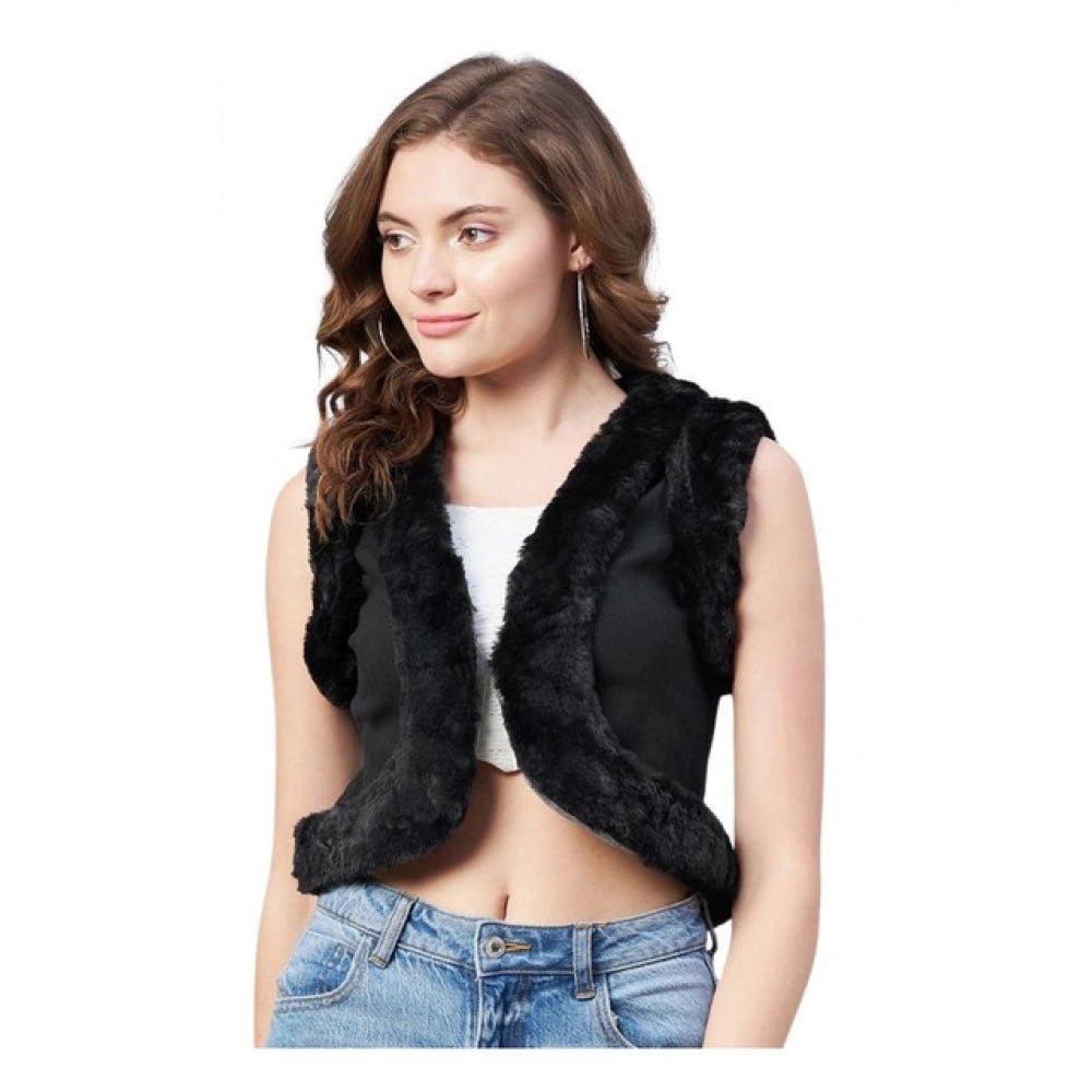 Women's Denim And Fur Solid Sleeveless Shrug (Black)