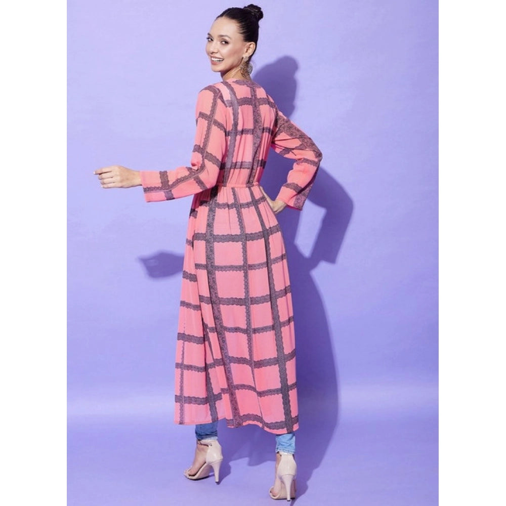 Women's Polyester Check Long Sleeves Shrug (Pink)