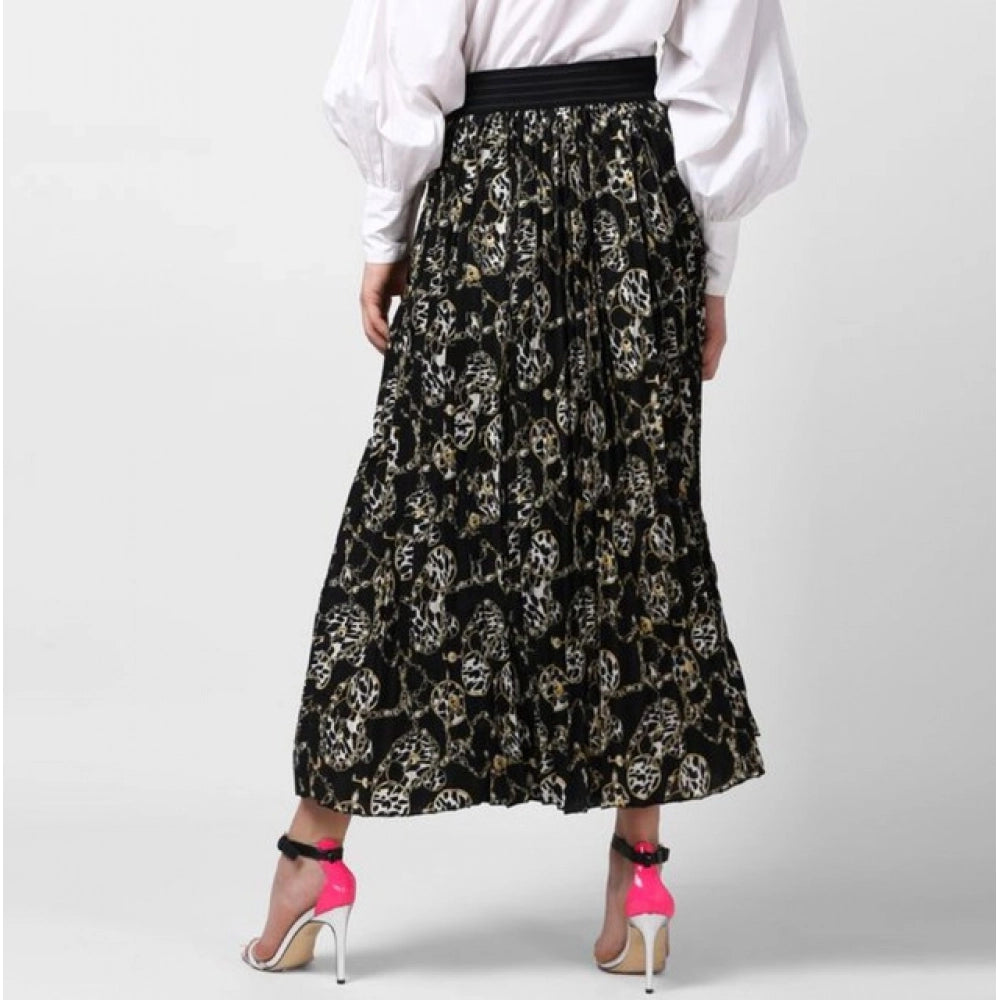 Women's Georgette Chain Print Elasticated Skirt (Black-Cream)