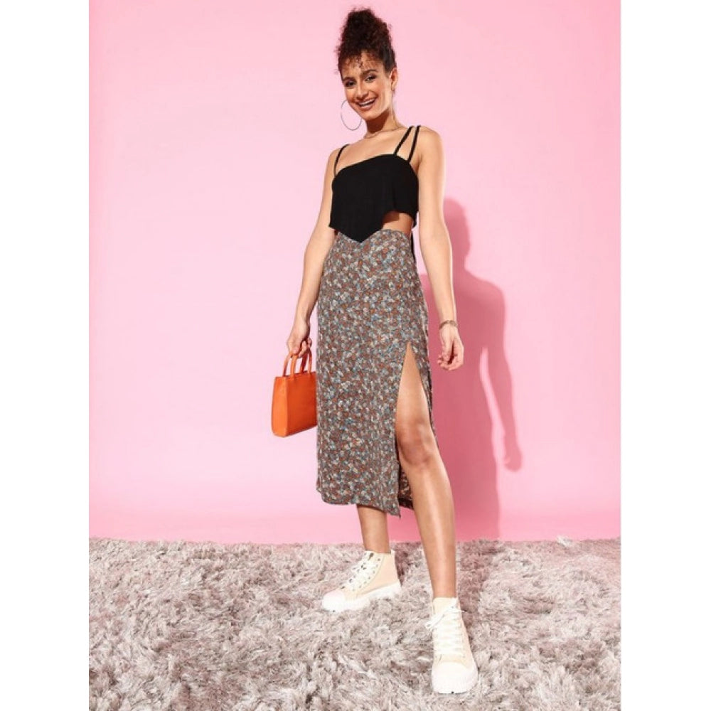 Women's Polyester Floral Side Zip Skirt (Grey - Coral)