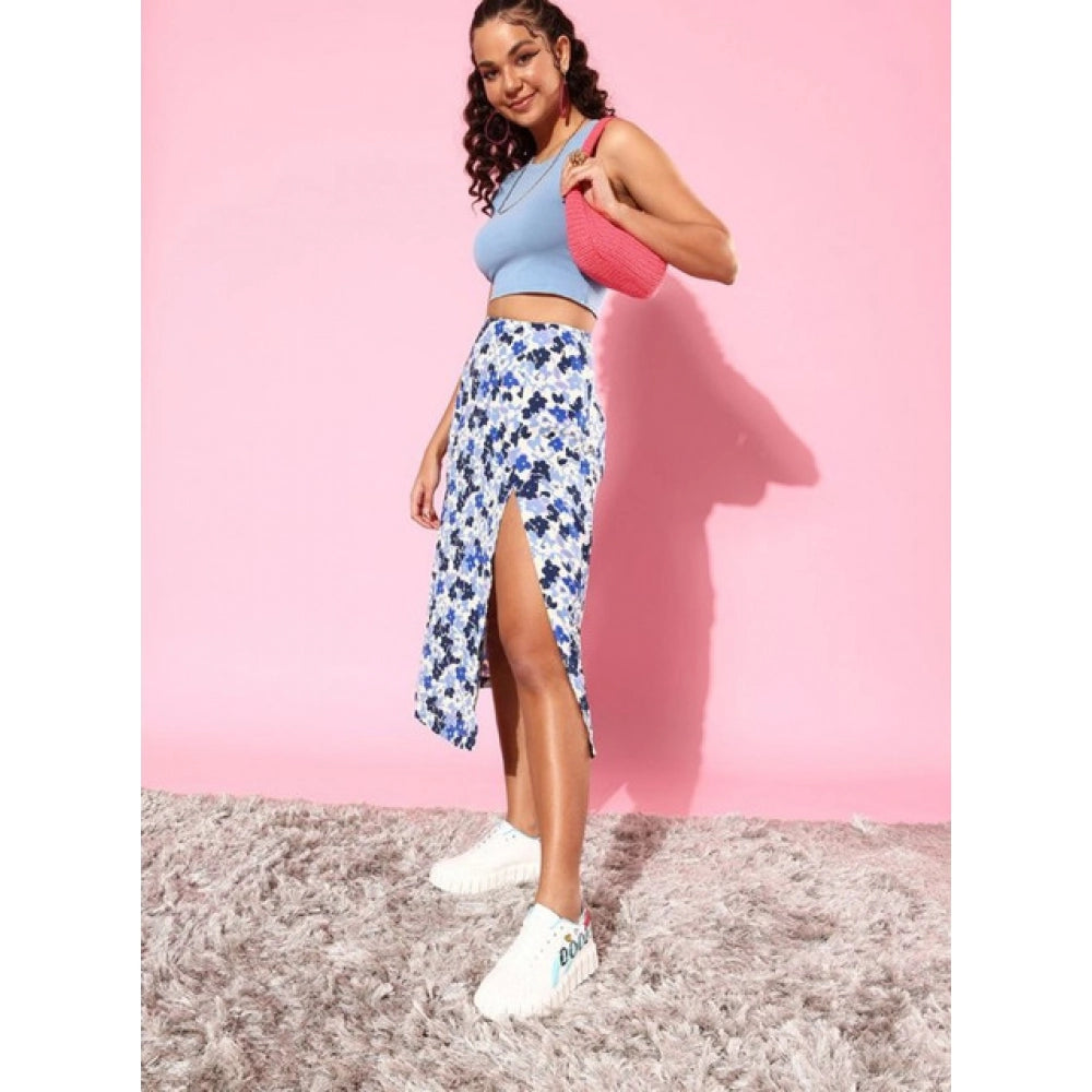 Women's Polyester Floral Side Zip Skirt (Blue - White)