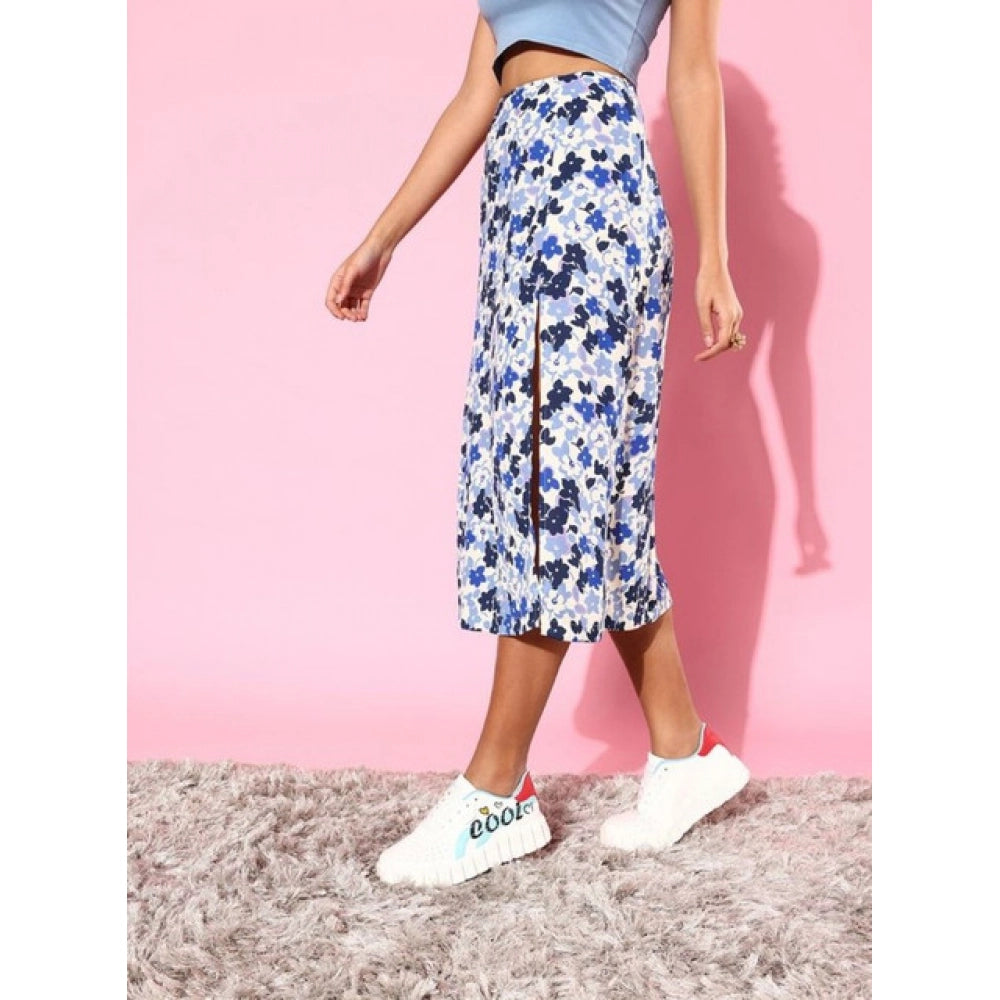 Women's Polyester Floral Side Zip Skirt (Blue - White)