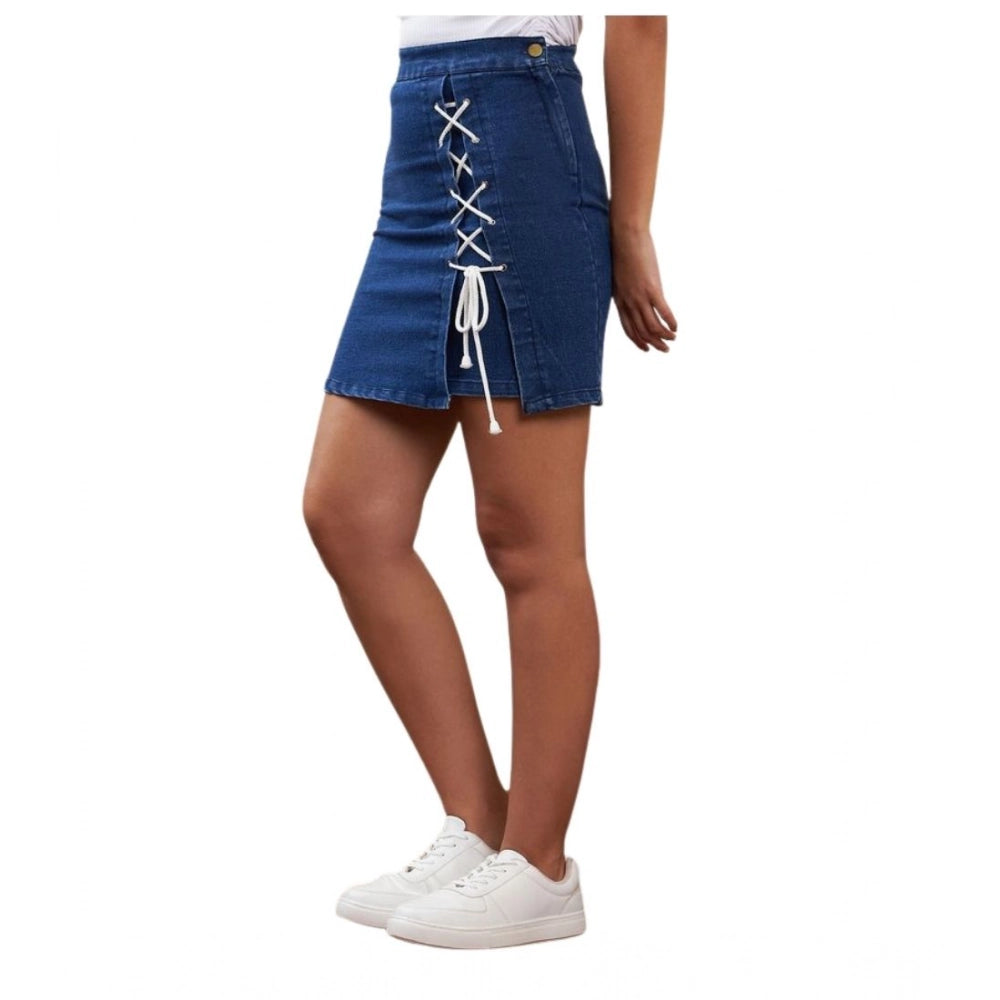 Women's Denim Lycra Solid Button Skirt (Blue)