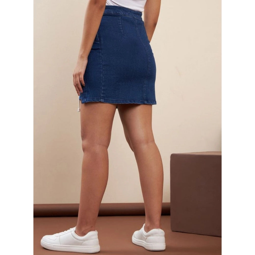 Women's Denim Lycra Solid Button Skirt (Blue)