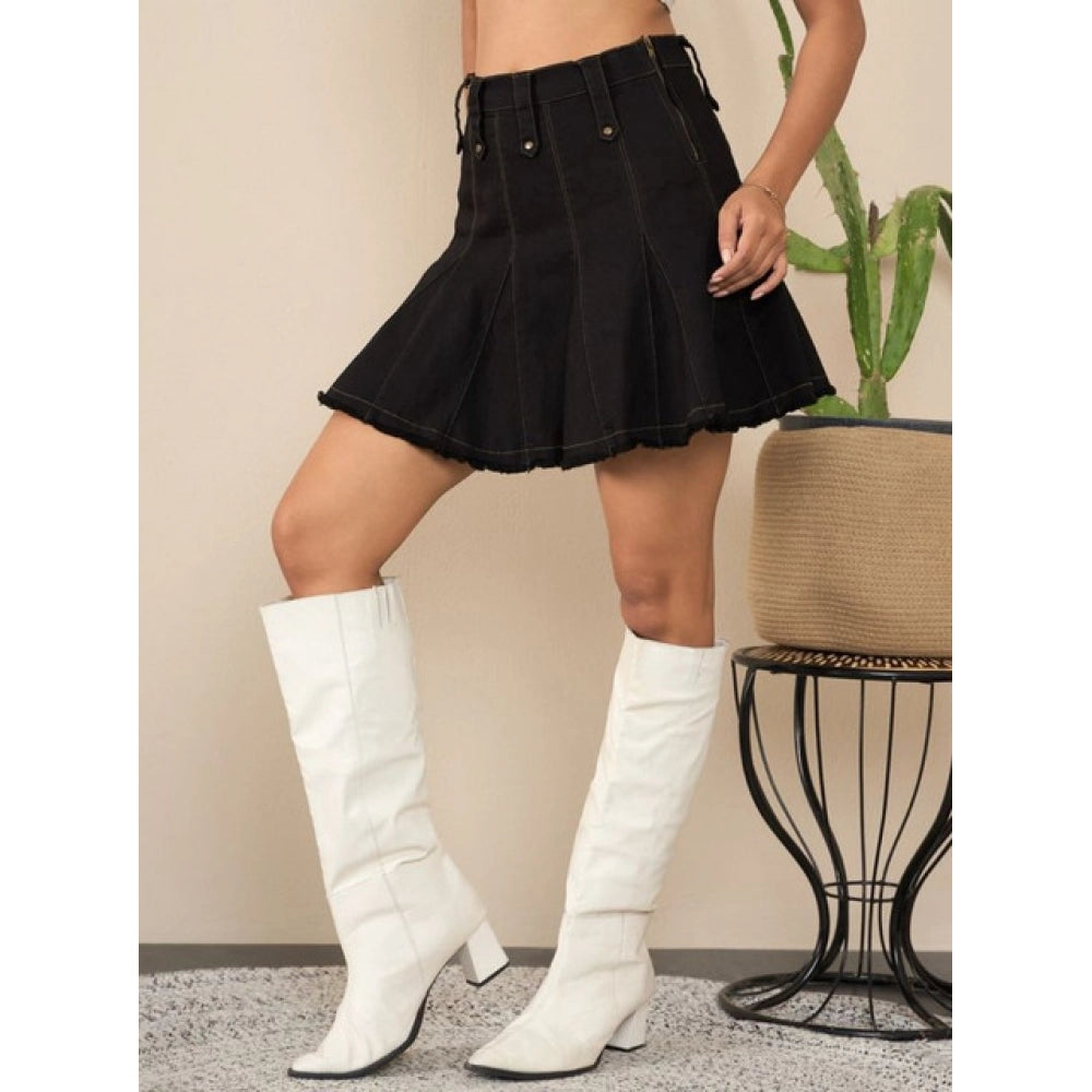 Women's Denim Washed Buttoned Skirt (Black)