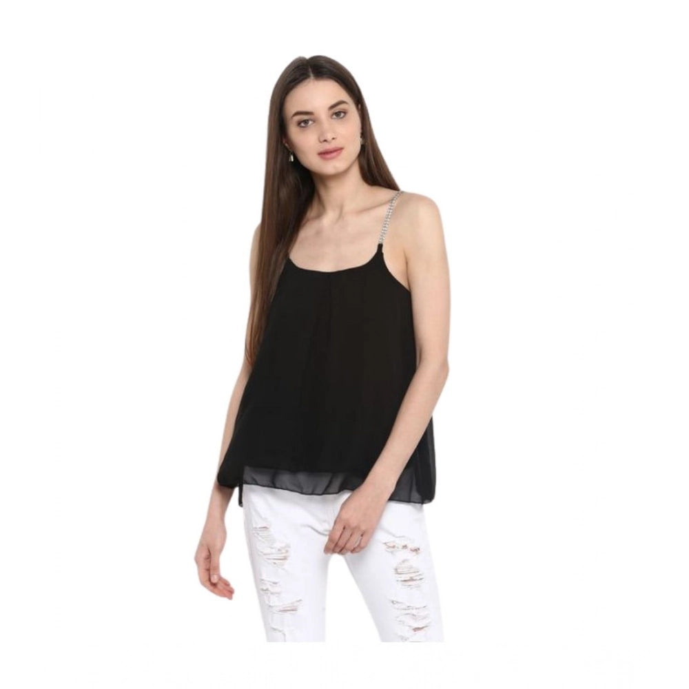 Women's Polyester Embellished Shoulder Straps Top (Black)