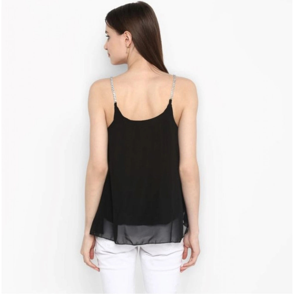 Women's Polyester Embellished Shoulder Straps Top (Black)