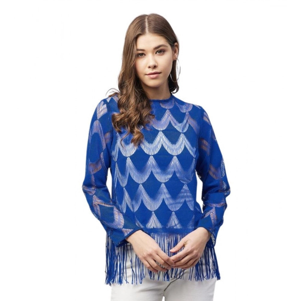 Women's Lace Self Design Long Sleeves Top (Blue)