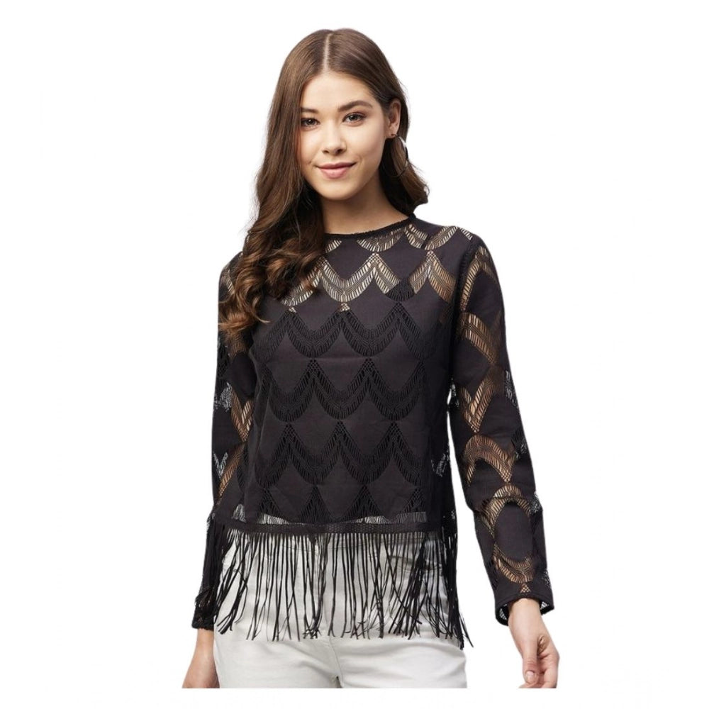 Women's Lace Self Design Short Sleeve Top (Black)