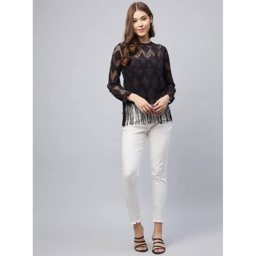 Women's Lace Self Design Short Sleeve Top (Black)