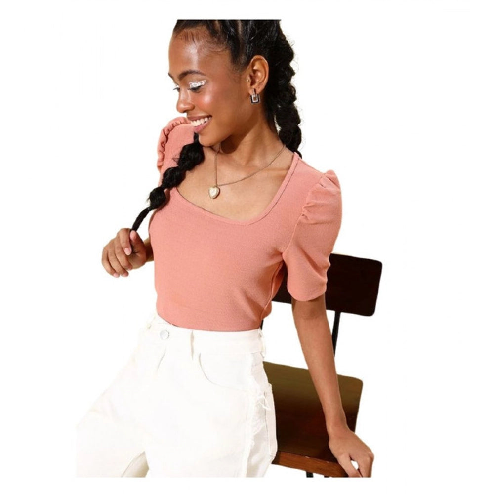 Women's Polyester Lycra Solid Short Sleeve Top (Pink)