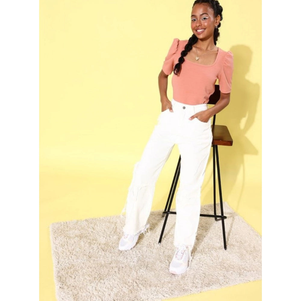 Women's Polyester Lycra Solid Short Sleeve Top (Pink)