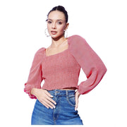 Women's Polyester Floral Long Sleeves Top (Red)