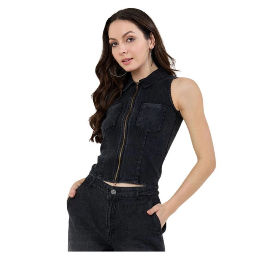 Women's Denim Lycra Solid Sleeveless Top (Black)