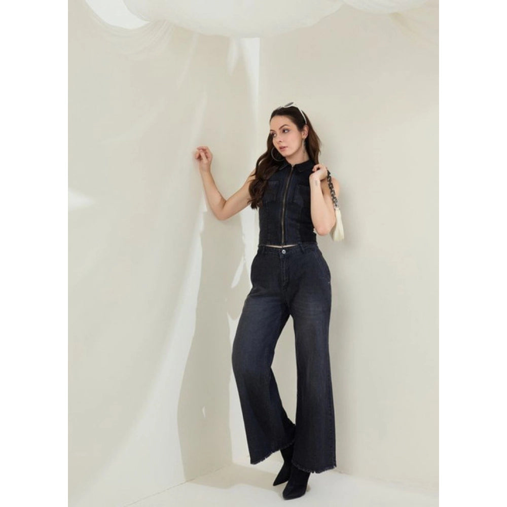 Women's Denim Lycra Solid Sleeveless Top (Black)