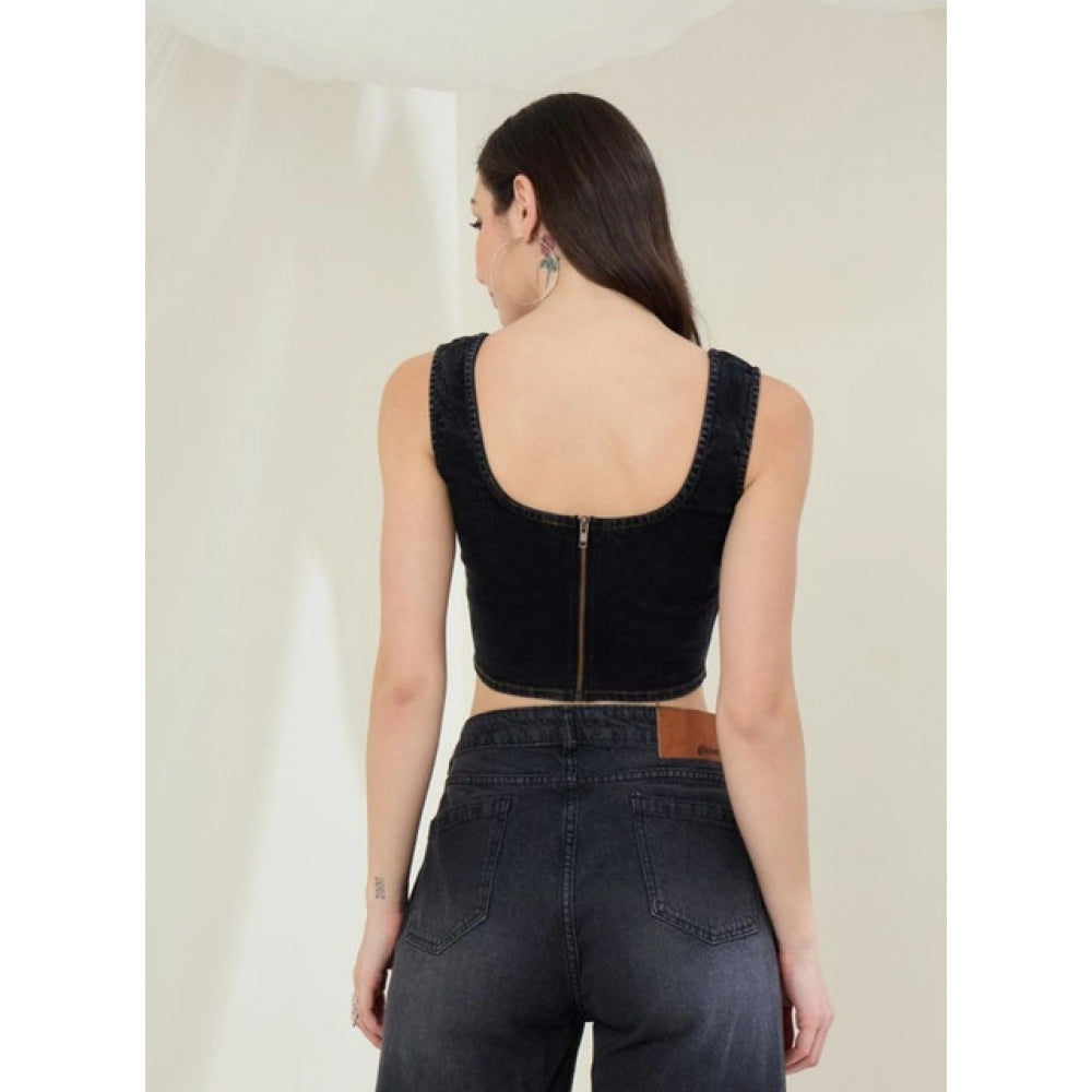 Women's Denim Lycra Solid Sleeveless Top (Black)