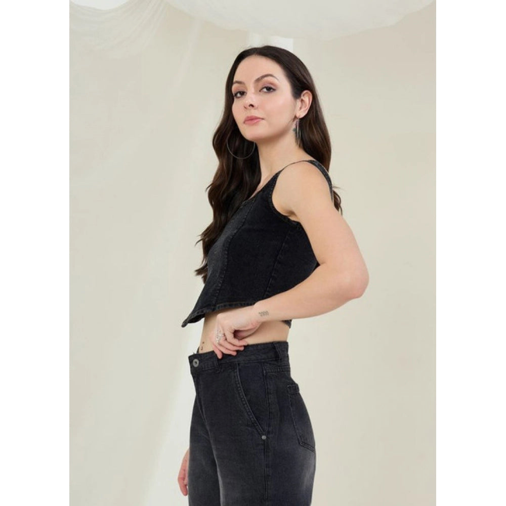 Women's Denim Lycra Solid Sleeveless Top (Black)