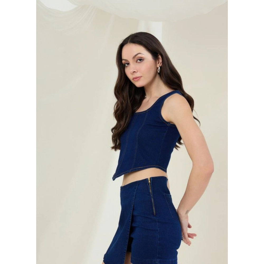Women's Denim Lycra Solid Sleeveless Top (Blue)