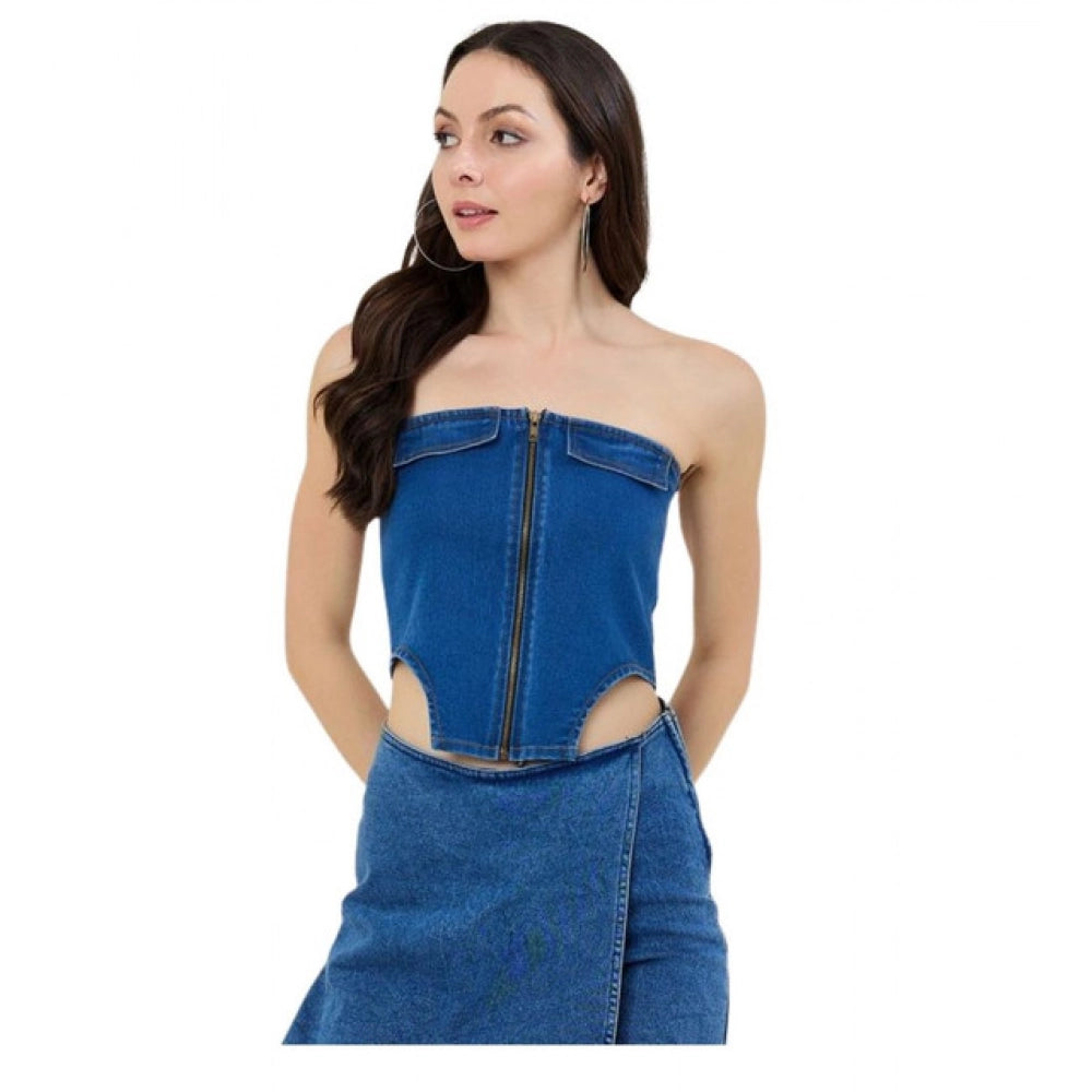 Women's Denim Lycra Solid Sleeveless Top (Blue)